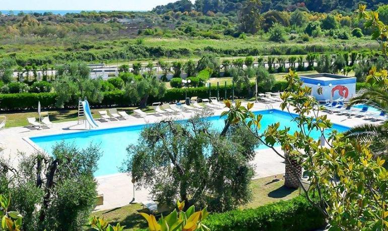 Piscina azzurra immersa nel verde, relax e natura rigogliosa.