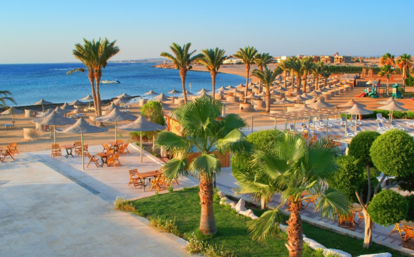 Spiaggia con palme, ombrelloni e mare blu, ideale per una vacanza rilassante.